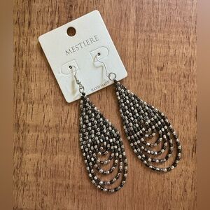 🌷$5 Boutique Beaded Silver & Gunmetal Teardrop Chandelier 4" Drop Earrings